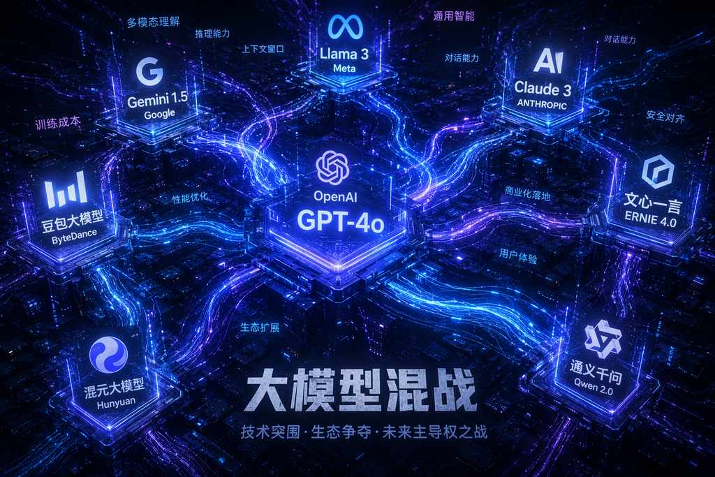 多个AI大模型节点在深色背景中互相连接竞争