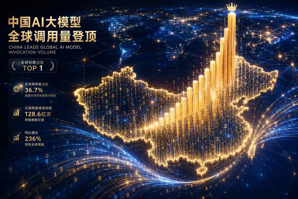 中国AI大模型全球调用量数据可视化，柱状图与数据流构成中国地图轮廓