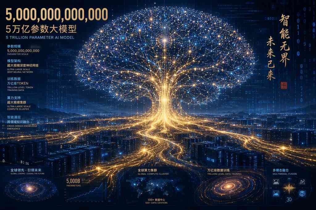 巨大的AI神经网络可视化，数十亿发光节点组成数字大脑，金色数据流在深蓝科技景观中流淌