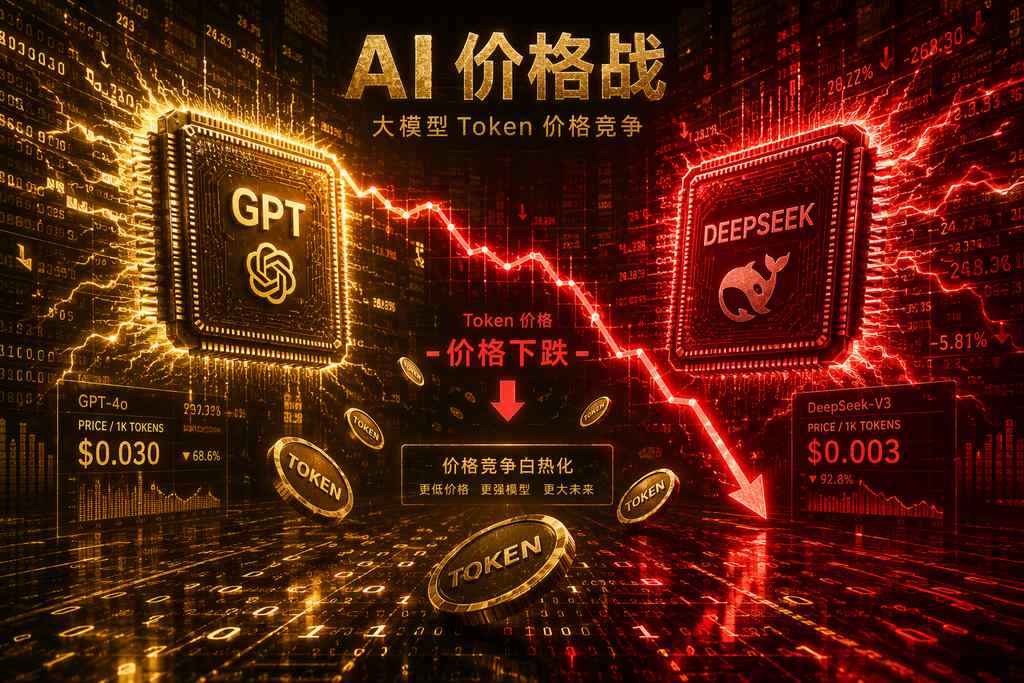 两枚发光芯片对峙，中间下跌价格曲线和Token符号，象征大模型价格竞争