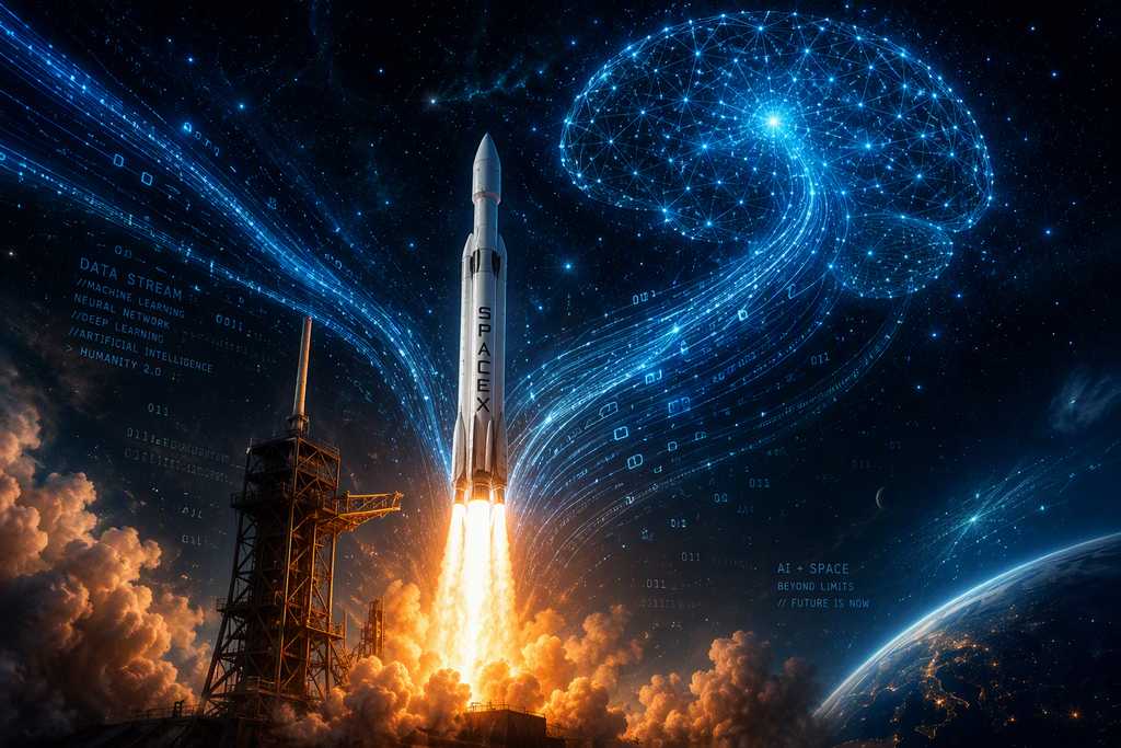 SpaceX火箭发射场景，蓝色AI数据流从火箭喷涌升空，在云端形成数字大脑，太空与AI融合