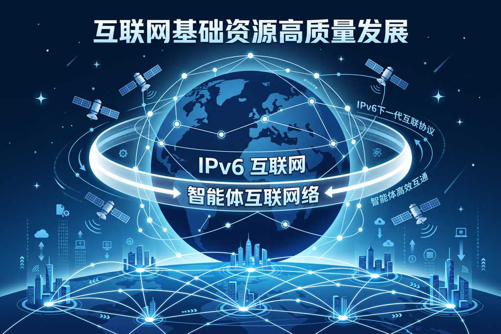 地球上空环绕卫星和网络节点，象征互联网基础资源高质量发展